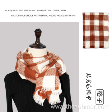 Semi Worsted Wool Square Check Scarf for Woman